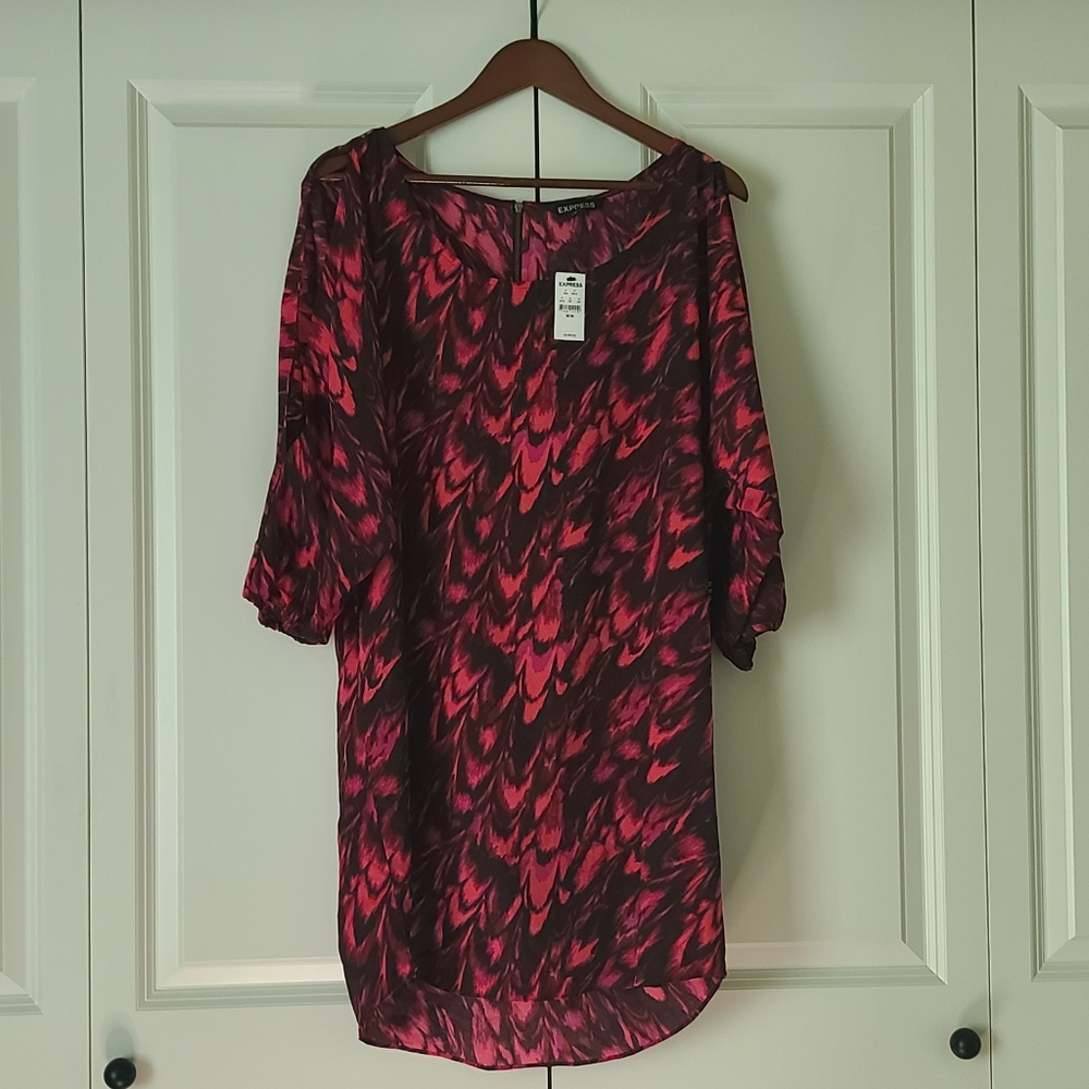 Express - Abstract Pink and black - Slit Shoulder dress